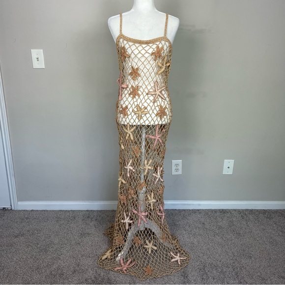 RETROFETE SERAFINA OPEN CROCHET STARFISH MAXI DRESS SIZE M/L IN ALMOND LUREX - Picture 9 of 17
